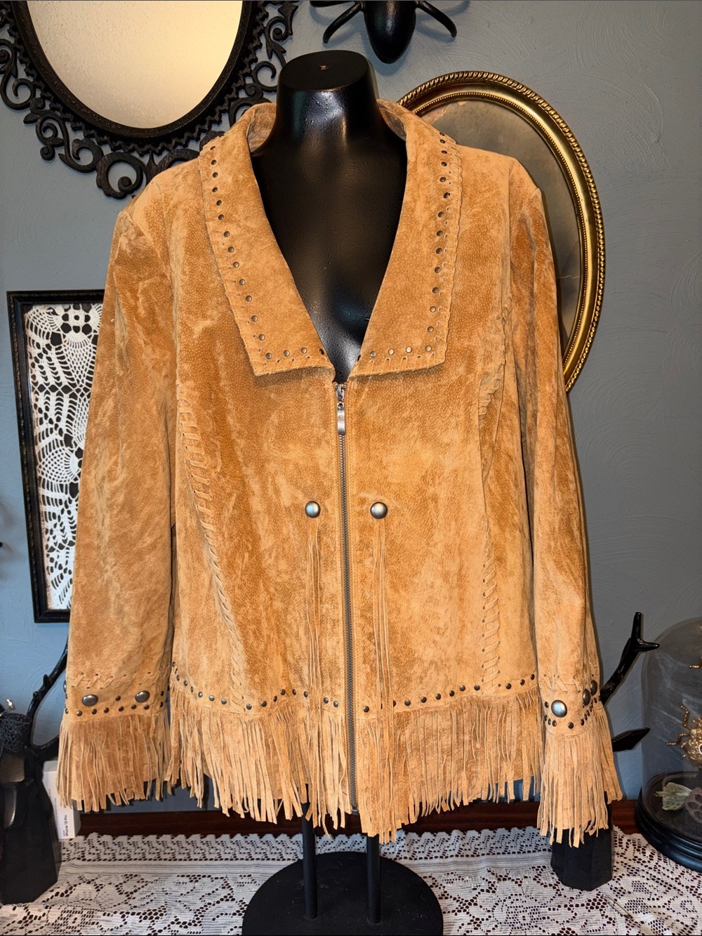 Midnight Velvet vintage Suede Fringe Studded Jacket - Camel